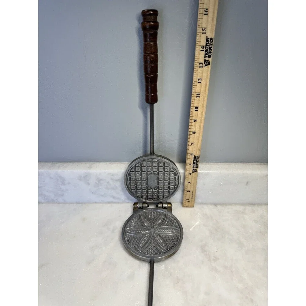 Vintage Cast Aluminum Cookie Press Mold Waffle with Iron and Wood Handle